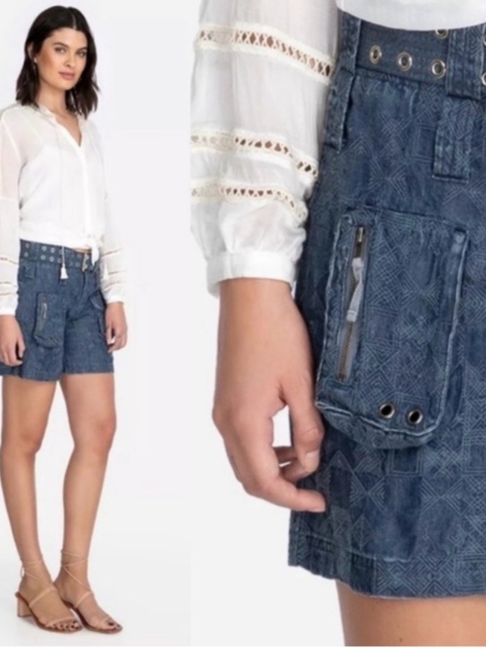 Johnny Was NWT Zuma Belted Embossed Denim(Dark Navy) Cargo Shorts size 4
